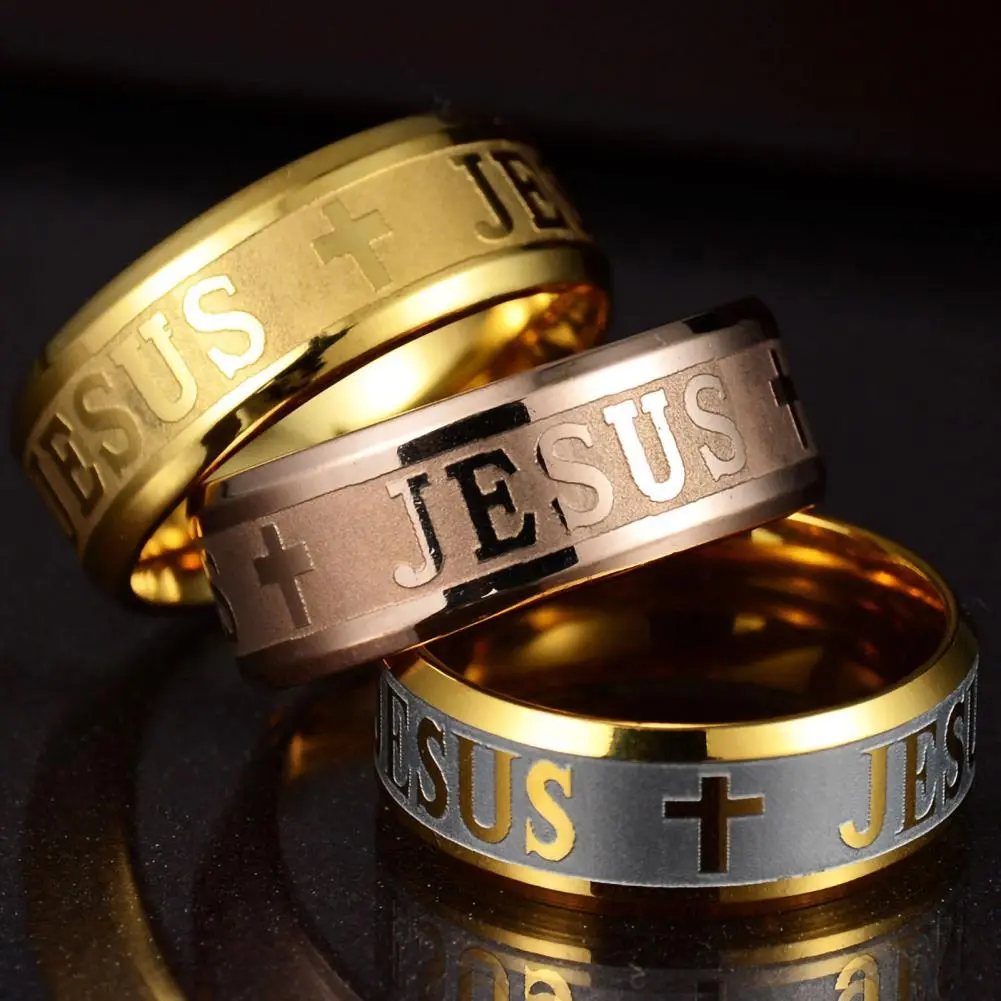 Men Ring Jesus Cross Letters Engraved Plated Rings Stainless Steel Men Women Jesus Christianity Ring Finger Ring Fashion Jewelry