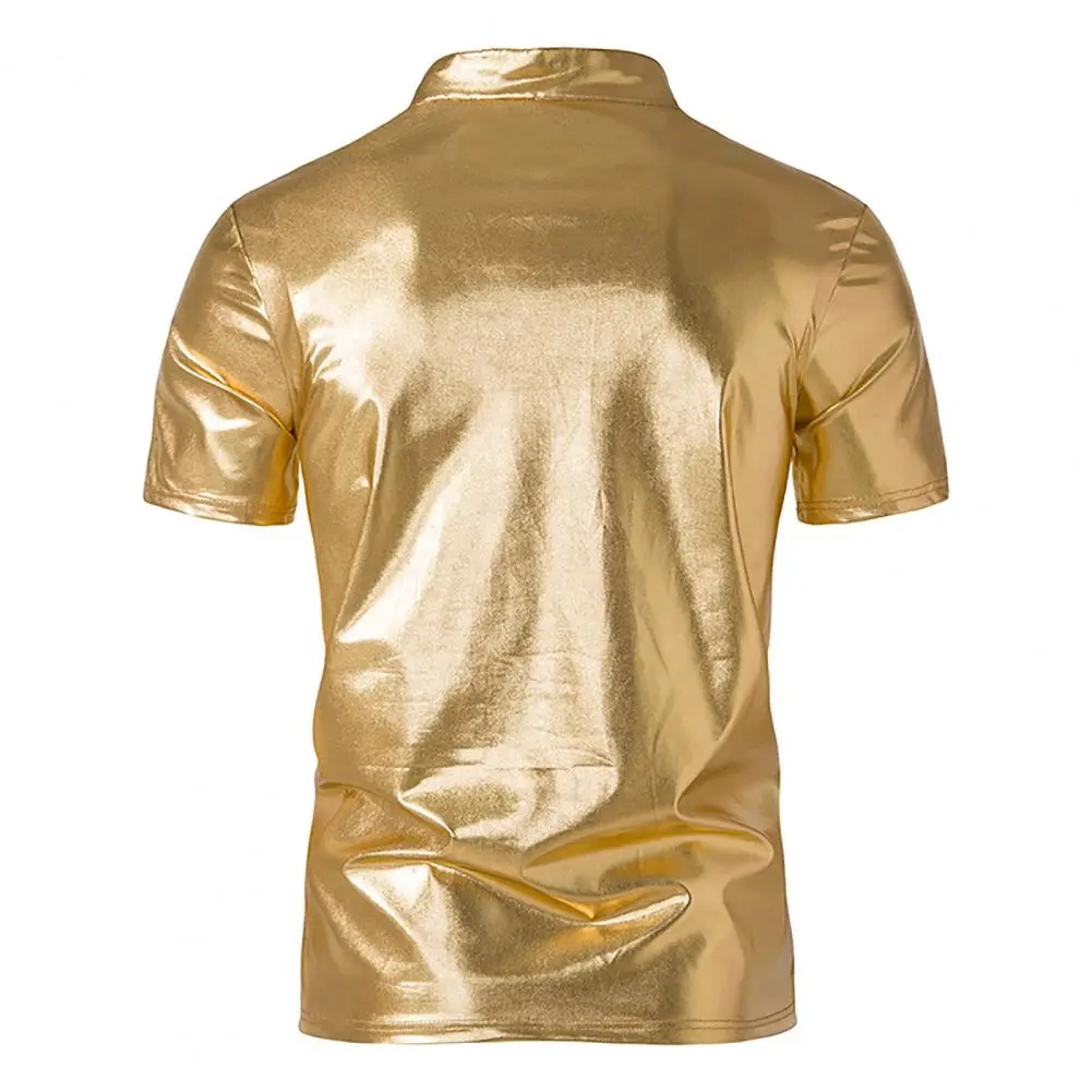 2025 Clubwear Men T-shirt Men's Shiny Henry Collar Short Sleeved Shirt Fashion Nightclub Half Sleeved T-shirt Bright Color Tee