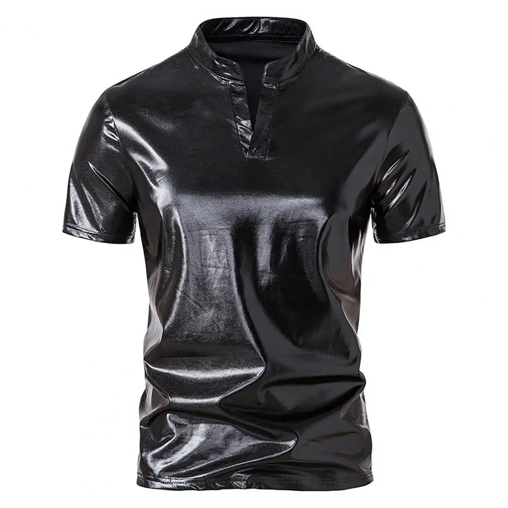 2025 Clubwear Men T-shirt Men's Shiny Henry Collar Short Sleeved Shirt Fashion Nightclub Half Sleeved T-shirt Bright Color Tee