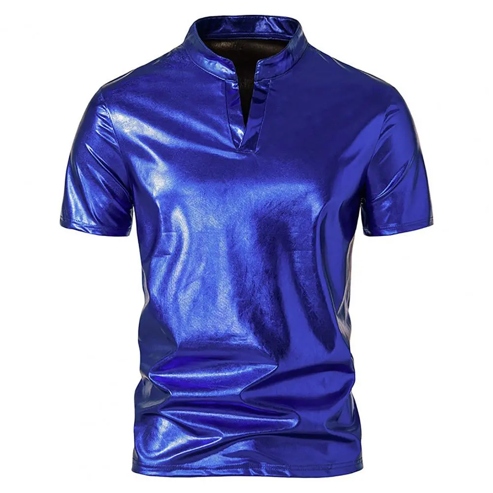 2025 Clubwear Men T-shirt Men's Shiny Henry Collar Short Sleeved Shirt Fashion Nightclub Half Sleeved T-shirt Bright Color Tee
