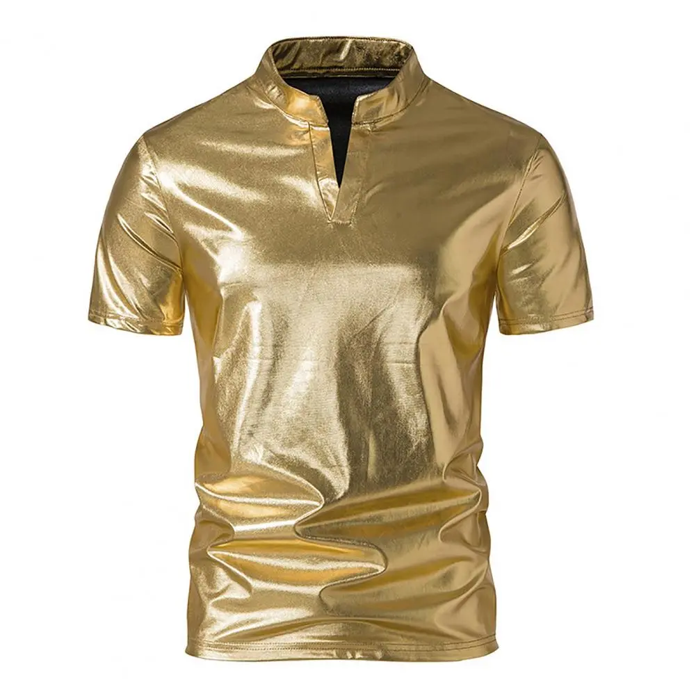 2025 Clubwear Men T-shirt Men's Shiny Henry Collar Short Sleeved Shirt Fashion Nightclub Half Sleeved T-shirt Bright Color Tee