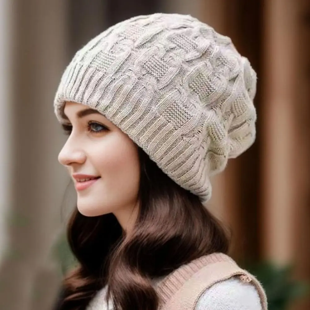 Women Knitting Beanie Dome Style Beanie Hat Stylish Geometric Patterned Winter Hats Snow Skiing Warm Folding Pile Skullies Cap