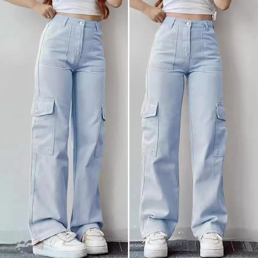 Women's Cargo Pants Europe And America Pocket Mid-rise Button Zipper Waist Casual Trousers Multi Pockets Straight Leg Long Pants