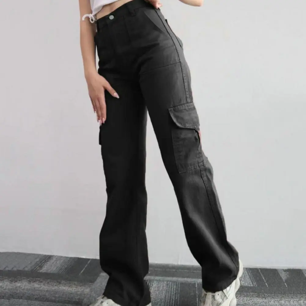 Women's Cargo Pants Europe And America Pocket Mid-rise Button Zipper Waist Casual Trousers Multi Pockets Straight Leg Long Pants