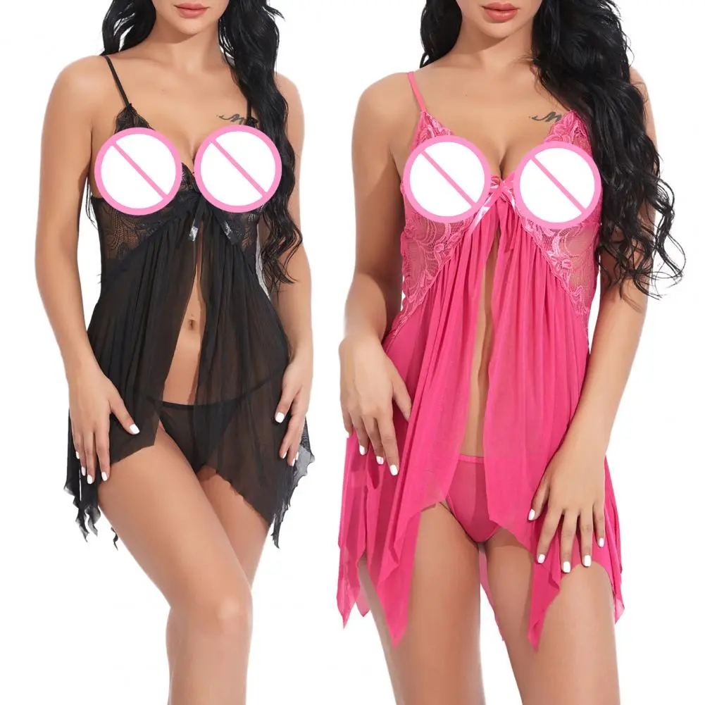 2025 Women Night Dress Underwear Dress Lace See-through Mesh Spaghetti Strap Women Pajamas Seductive Babydolls Sleepwear