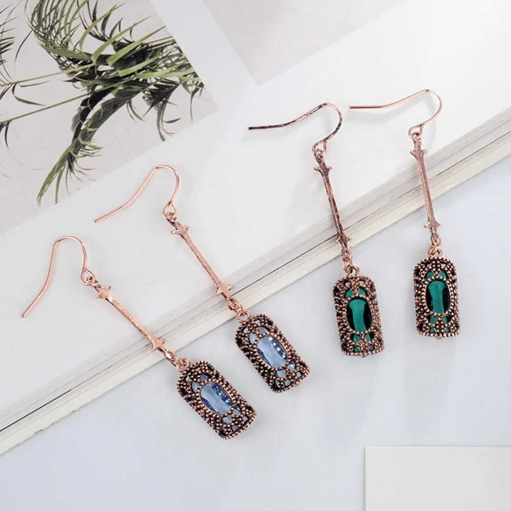 2025 Retro Women Earrings Cubic Zirconia Inlaid Hollow Rectangle Long Bar Dangle Hook Earrings Vintage Crystal Earrings