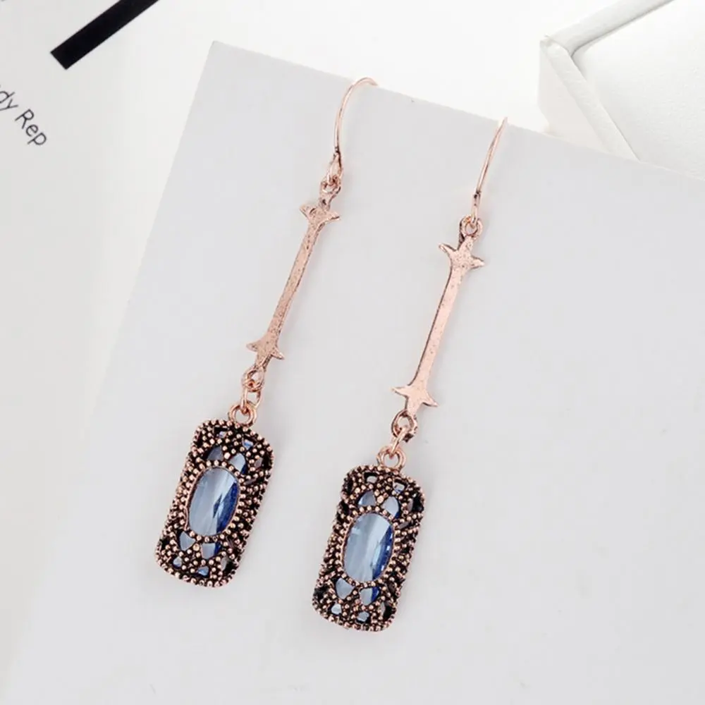2025 Retro Women Earrings Cubic Zirconia Inlaid Hollow Rectangle Long Bar Dangle Hook Earrings Vintage Crystal Earrings