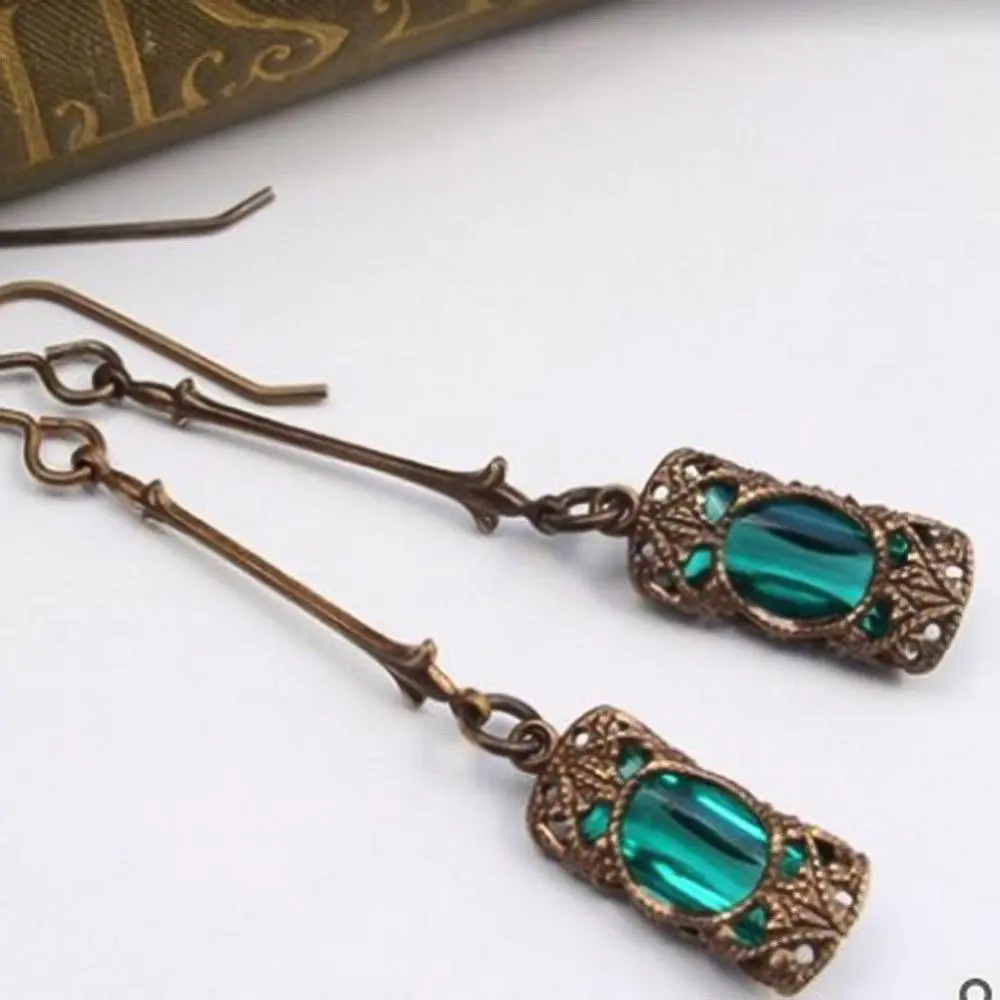 2025 Retro Women Earrings Cubic Zirconia Inlaid Hollow Rectangle Long Bar Dangle Hook Earrings Vintage Crystal Earrings