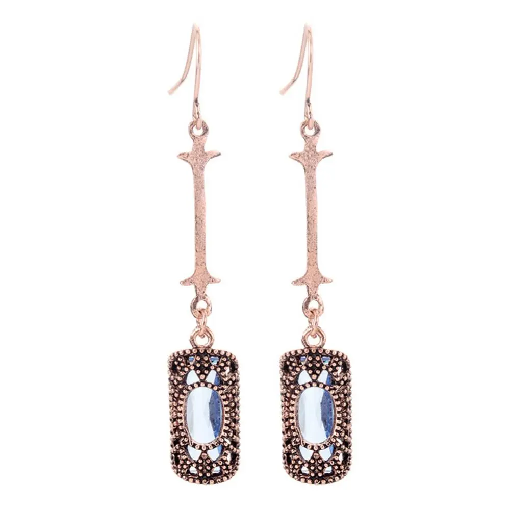 2025 Retro Women Earrings Cubic Zirconia Inlaid Hollow Rectangle Long Bar Dangle Hook Earrings Vintage Crystal Earrings
