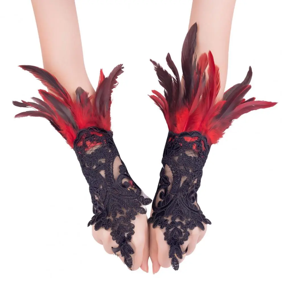2025 Lace Gloves Soft Lace Gloves Feathered Gothic Lace Wrist Cuffs for Halloween Party Stage Performance Women's Swan Cosplay