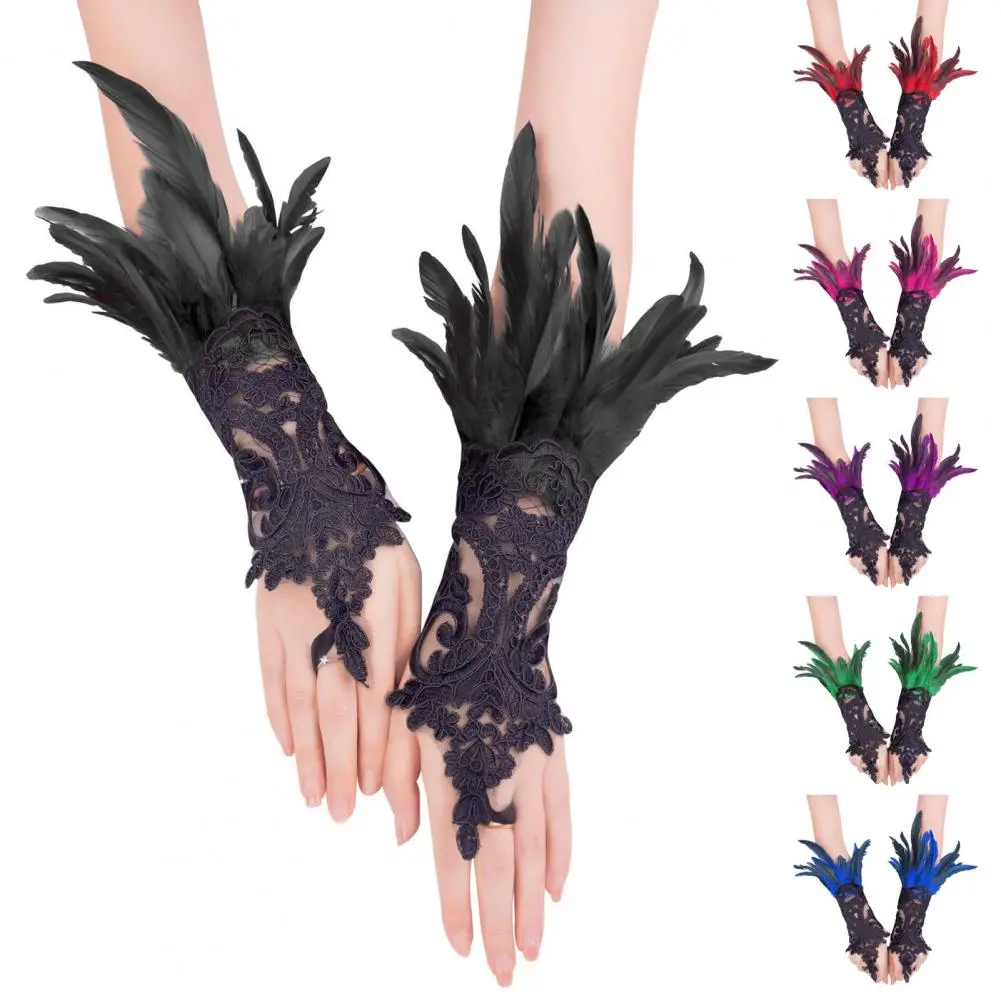 2025 Lace Gloves Soft Lace Gloves Feathered Gothic Lace Wrist Cuffs for Halloween Party Stage Performance Women's Swan Cosplay