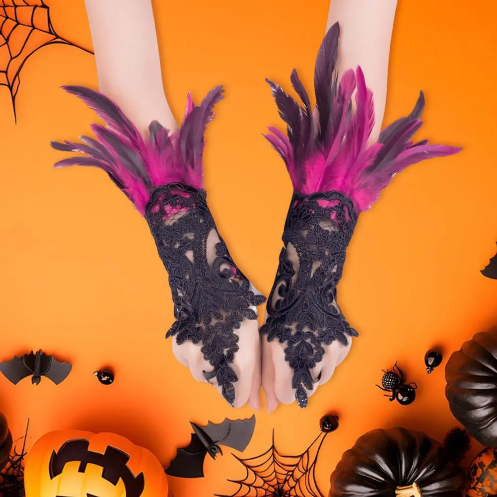 2025 Lace Gloves Soft Lace Gloves Feathered Gothic Lace Wrist Cuffs for Halloween Party Stage Performance Women's Swan Cosplay