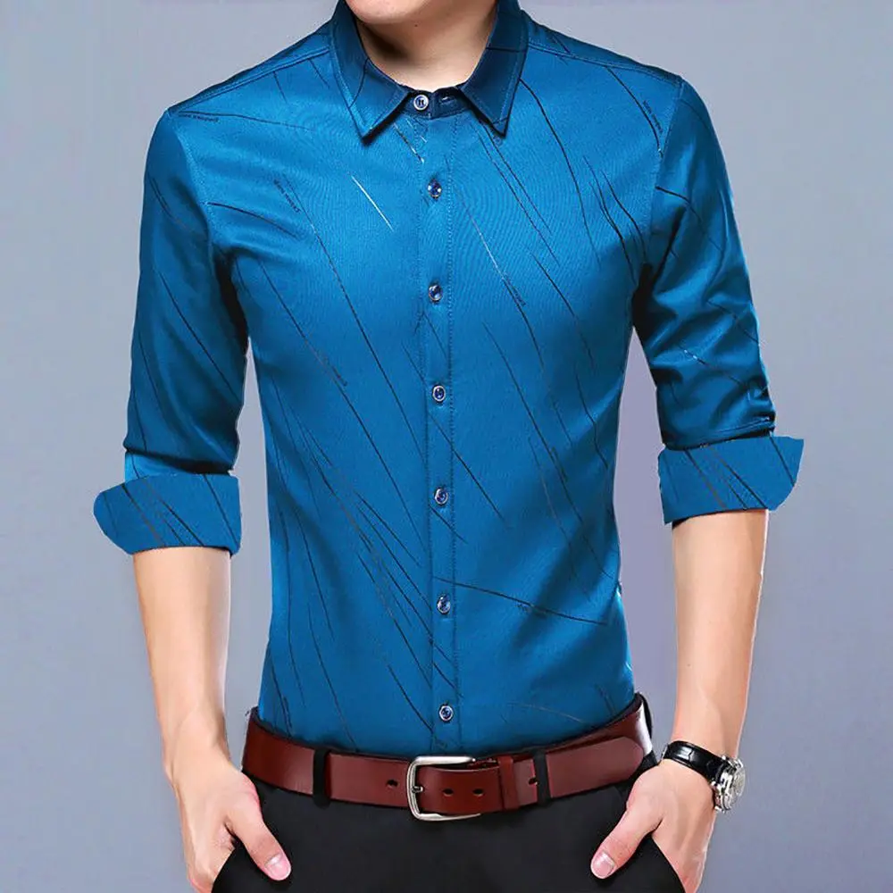 2025 Fashion Men Shirt Long Sleeve Turn Down Collar Letters/Stripes Print Buttons Shirt Spring And Autumn Middle Aged Mens Shirt