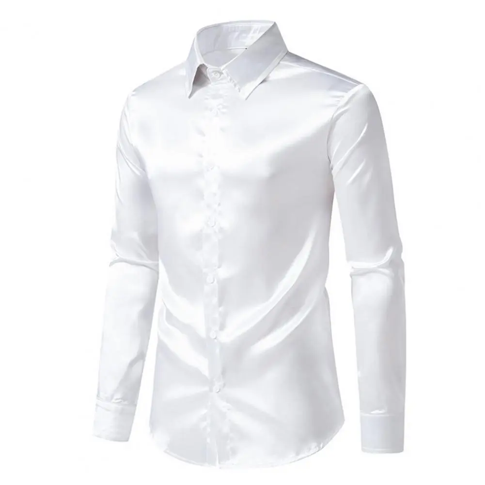 Luxuty Silk Satin Men Shirt Long Sleeve Casual Slim Fit Dress Shirt Stylish Solid Color Lapel Button Down Business Formal Shirts