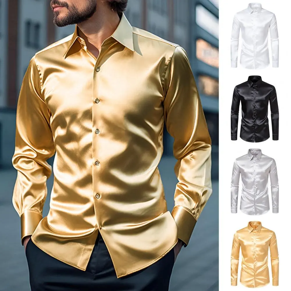 Luxuty Silk Satin Men Shirt Long Sleeve Casual Slim Fit Dress Shirt Stylish Solid Color Lapel Button Down Business Formal Shirts