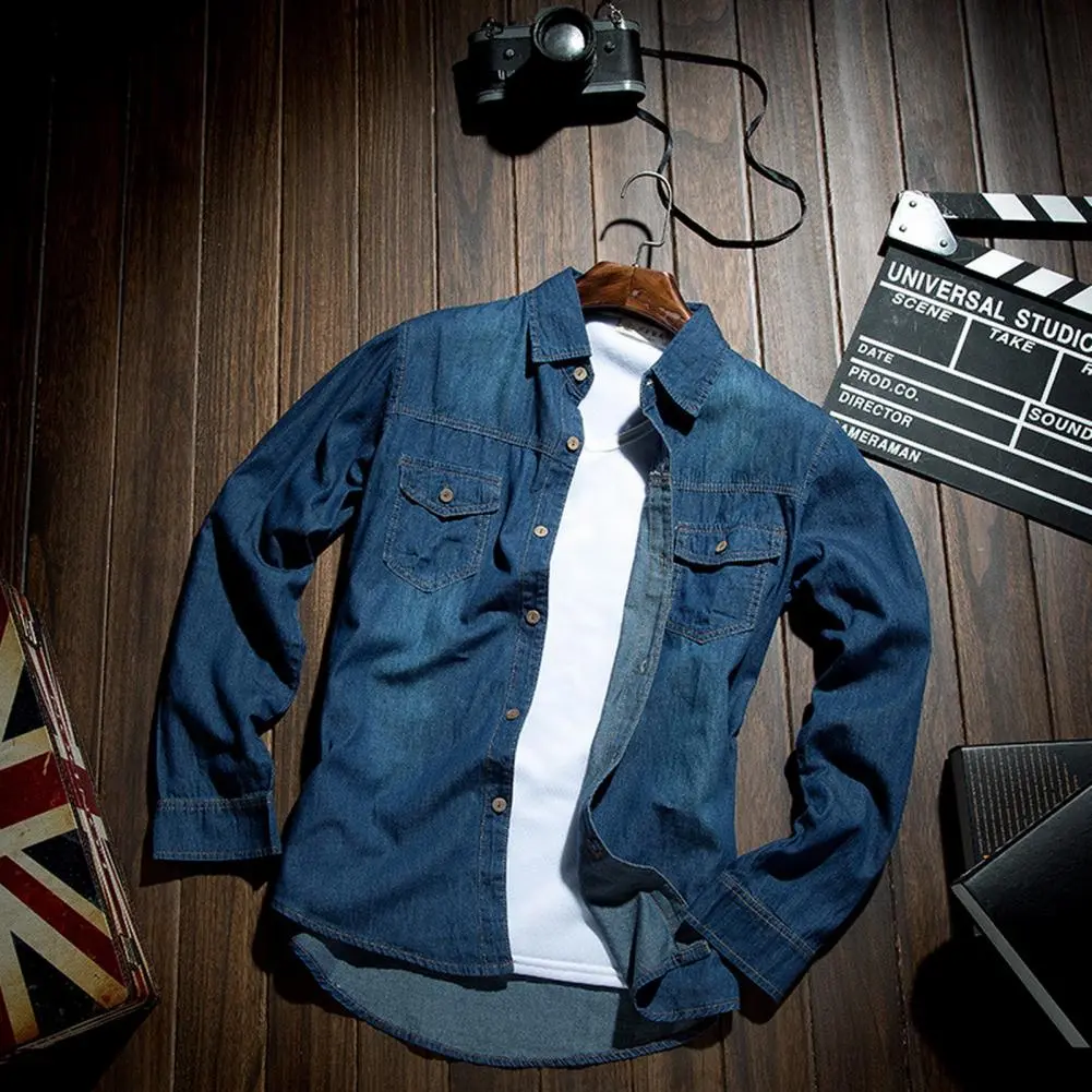 Washed Denim Shirt Men Spring Shirt Solid Color Single-breasted Long Sleeve Men Denim Shirt Coat Streetwear Men Shirts Streetwea