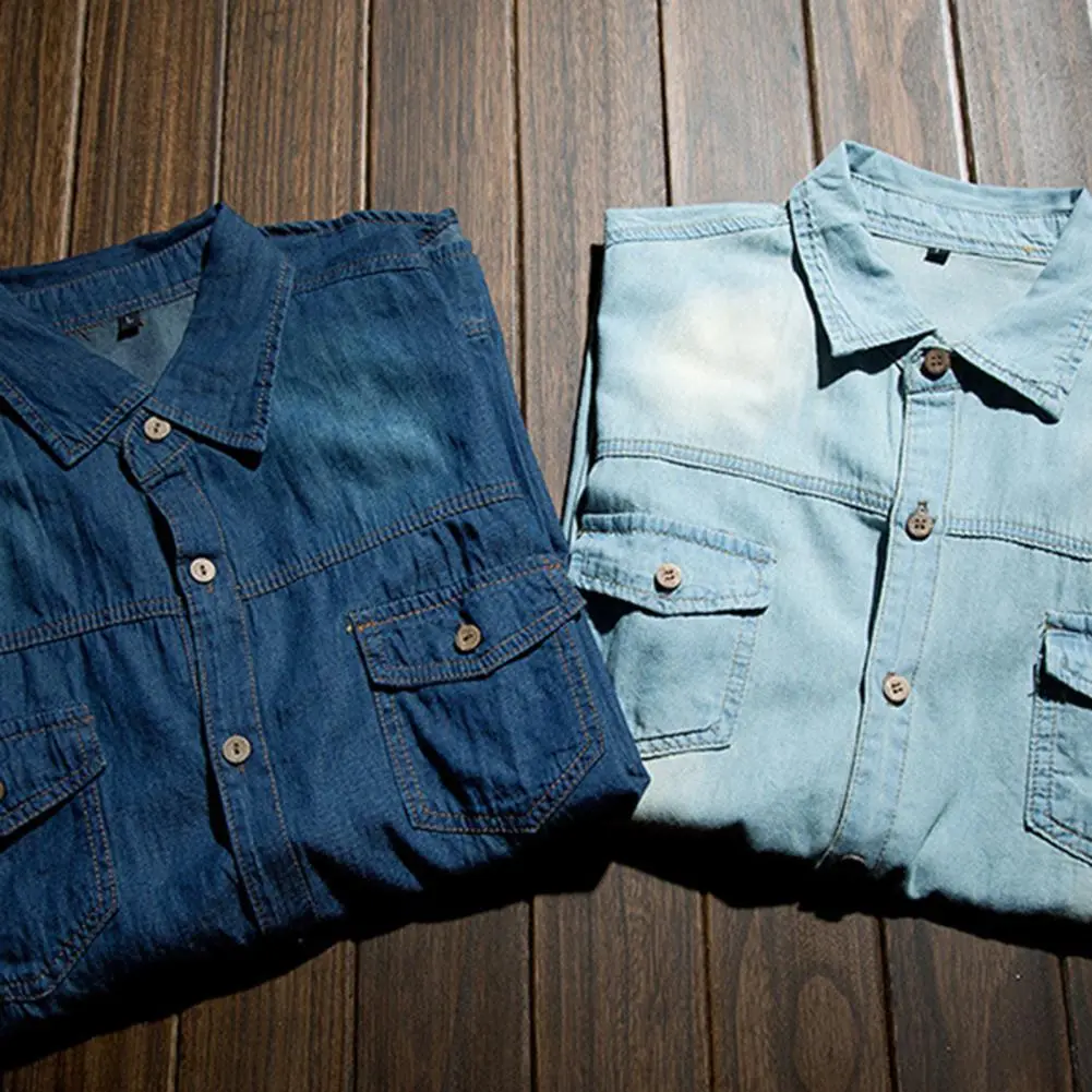 Washed Denim Shirt Men Spring Shirt Solid Color Single-breasted Long Sleeve Men Denim Shirt Coat Streetwear Men Shirts Streetwea
