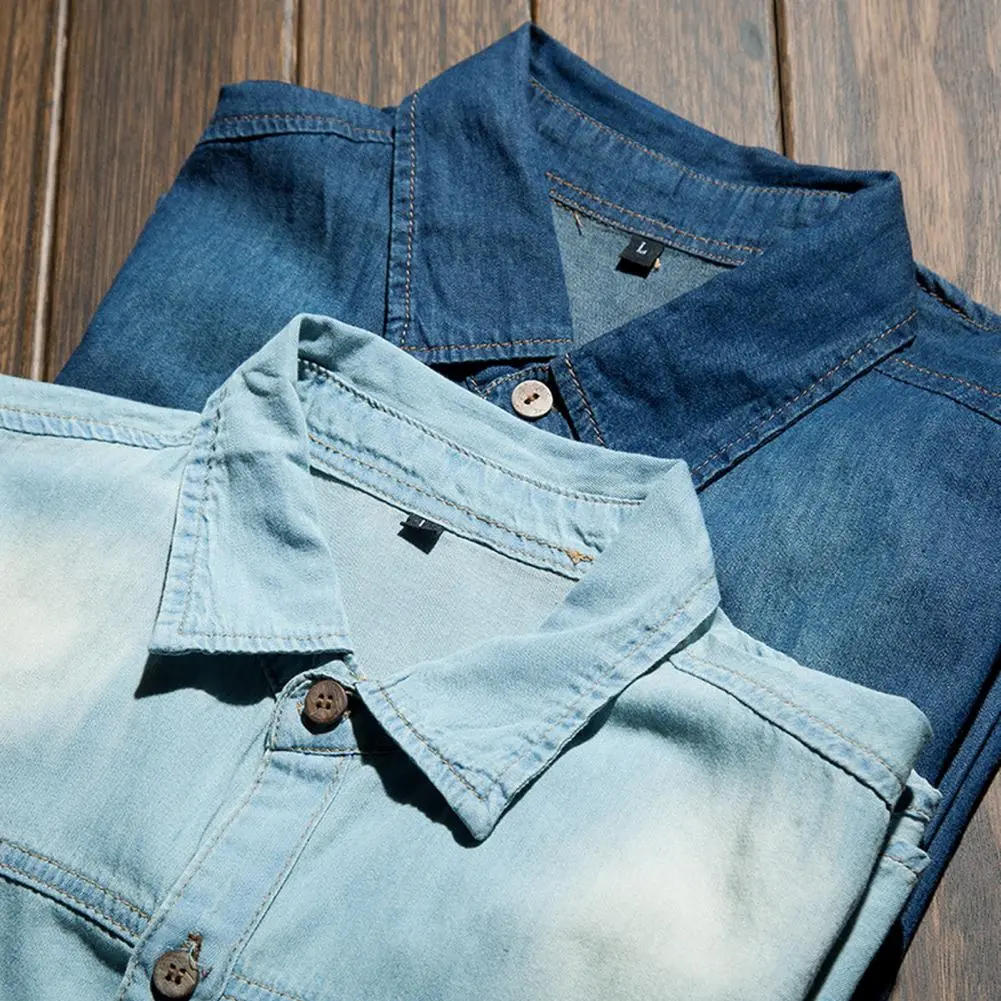 Washed Denim Shirt Men Spring Shirt Solid Color Single-breasted Long Sleeve Men Denim Shirt Coat Streetwear Men Shirts Streetwea