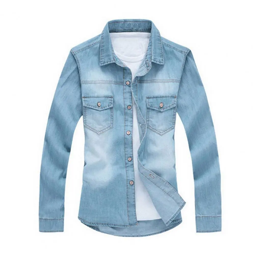 Washed Denim Shirt Men Spring Shirt Solid Color Single-breasted Long Sleeve Men Denim Shirt Coat Streetwear Men Shirts Streetwea