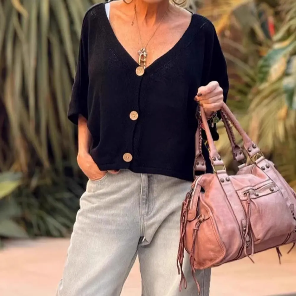 Women Blouse Summer Loose Casual Knitted Cardigan V-neck Button Up Women's Top  V-Neck Half Sleeve Buttons Placket Shirt Top