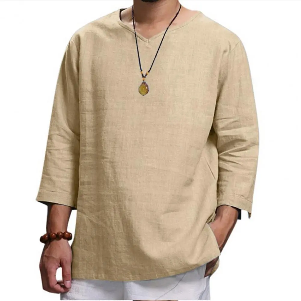 2025Men Shirt Spring And Summer Solid Color Long Sleeved V-neck Fashionable Casual Loose Top Leisure Men Spring Shirt Streetwear