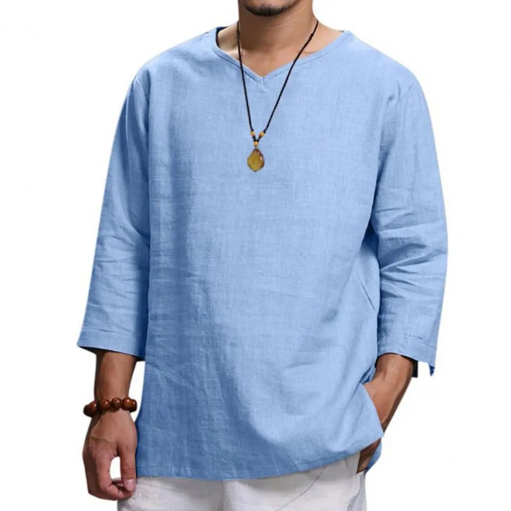 2025Men Shirt Spring And Summer Solid Color Long Sleeved V-neck Fashionable Casual Loose Top Leisure Men Spring Shirt Streetwear