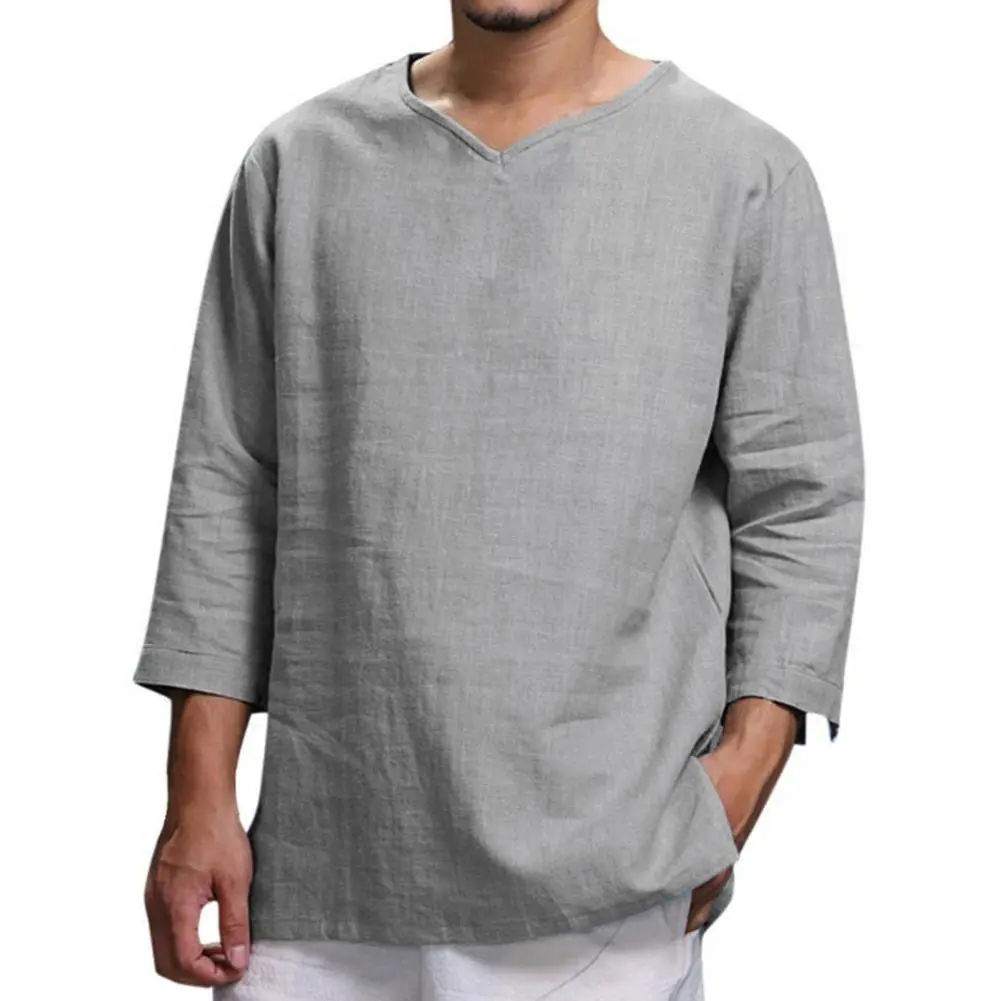 2025Men Shirt Spring And Summer Solid Color Long Sleeved V-neck Fashionable Casual Loose Top Leisure Men Spring Shirt Streetwear