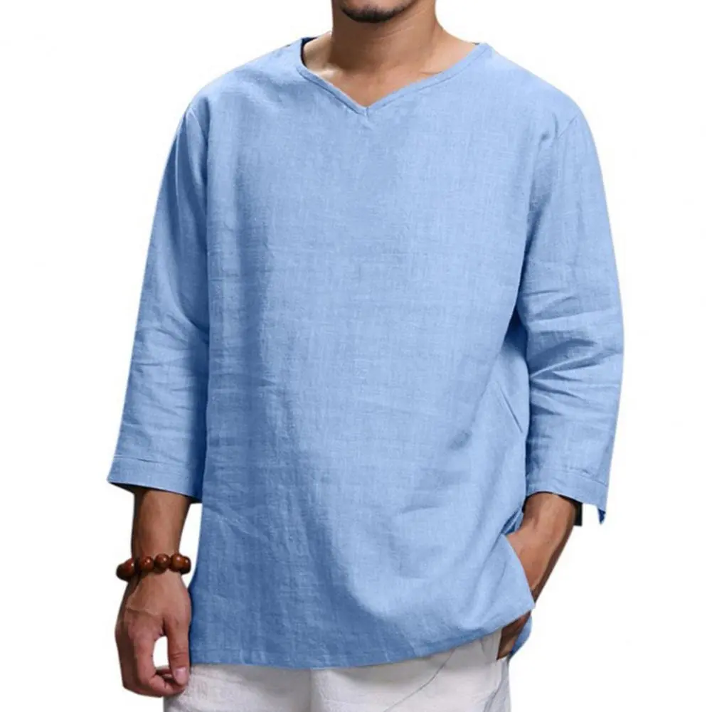 2025Men Shirt Spring And Summer Solid Color Long Sleeved V-neck Fashionable Casual Loose Top Leisure Men Spring Shirt Streetwear