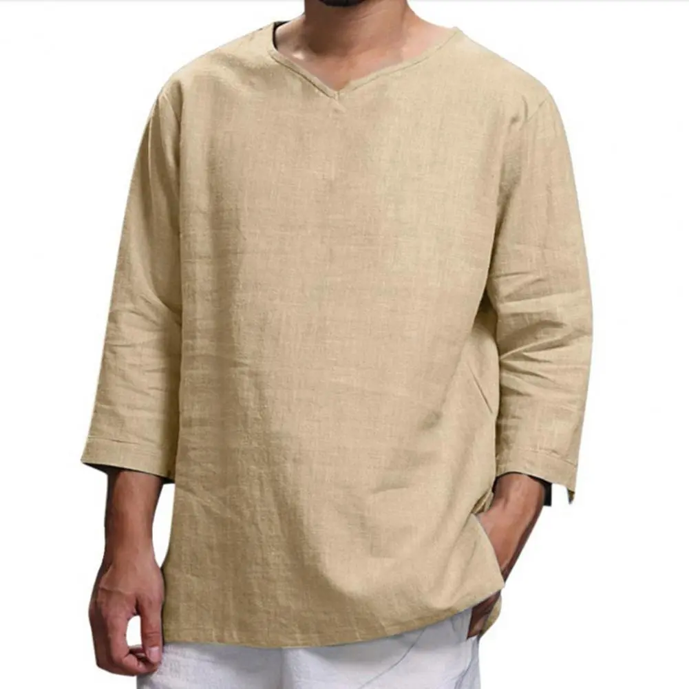 2025Men Shirt Spring And Summer Solid Color Long Sleeved V-neck Fashionable Casual Loose Top Leisure Men Spring Shirt Streetwear