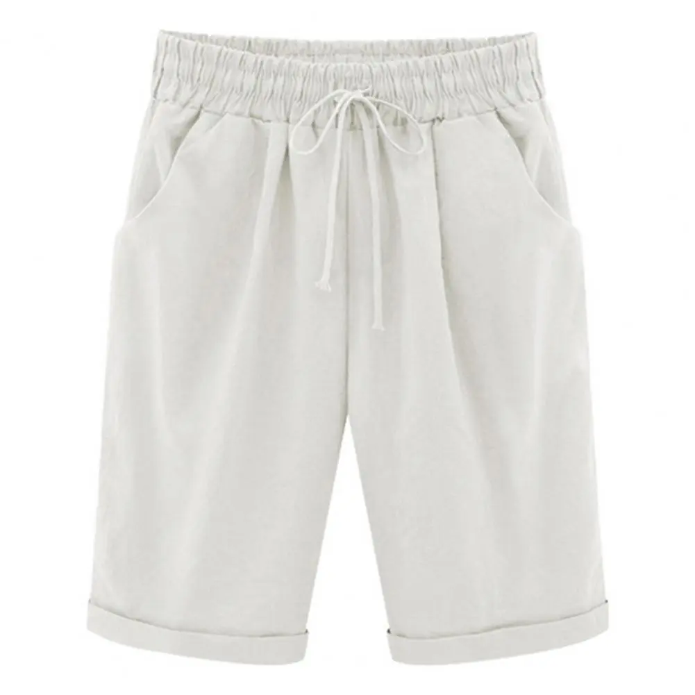 2025 Women Shorts Drawstring Elastic Waist Knee Length Wide Leg Loose Casual Shorts Side Pockets Thin Plus Size Lady Trousers