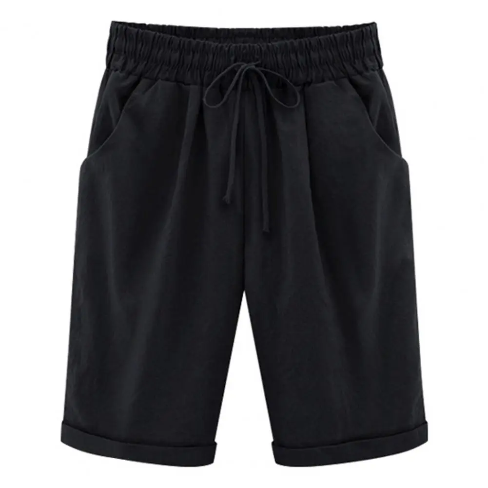 2025 Women Shorts Drawstring Elastic Waist Knee Length Wide Leg Loose Casual Shorts Side Pockets Thin Plus Size Lady Trousers