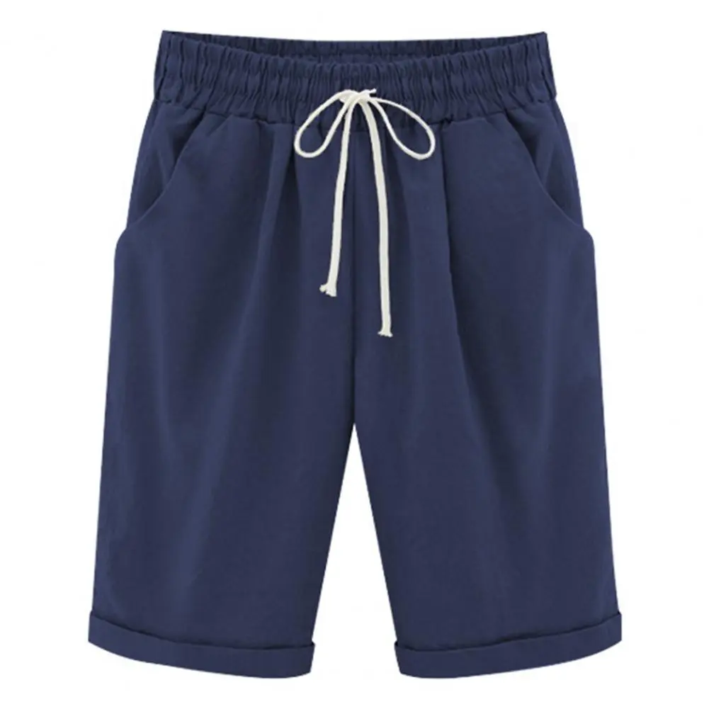 2025 Women Shorts Drawstring Elastic Waist Knee Length Wide Leg Loose Casual Shorts Side Pockets Thin Plus Size Lady Trousers