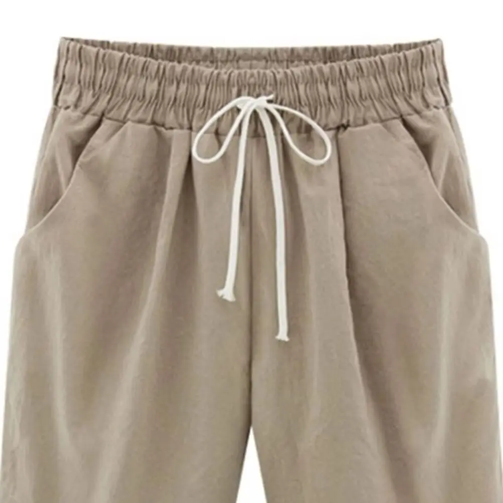 2025 Women Shorts Drawstring Elastic Waist Knee Length Wide Leg Loose Casual Shorts Side Pockets Thin Plus Size Lady Trousers