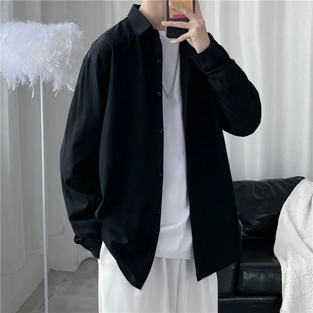 Harajuku Men Long Sleeve Shirt Tops Solid Color Shirt Versatile Solid Color Loose Fit Thin Single Breasted Shirt College Jackets