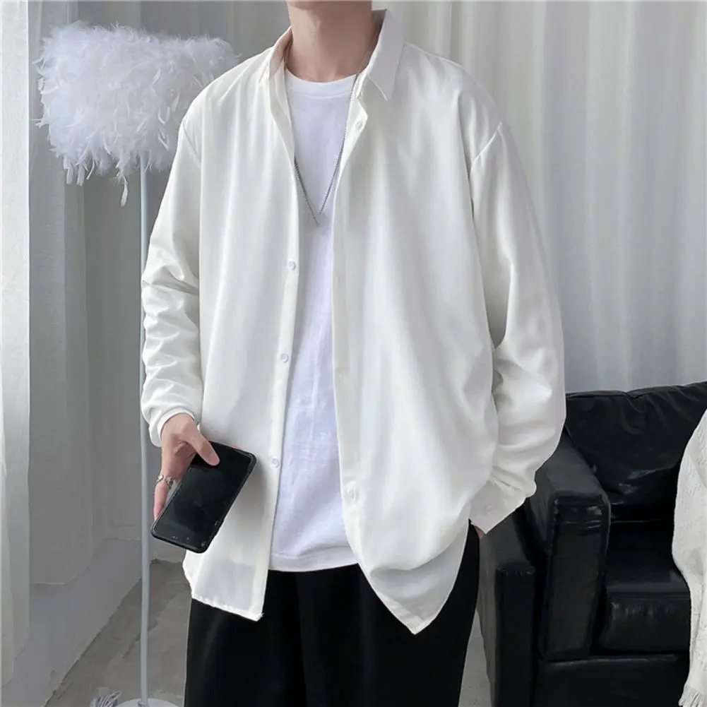 Harajuku Men Long Sleeve Shirt Tops Solid Color Shirt Versatile Solid Color Loose Fit Thin Single Breasted Shirt College Jackets