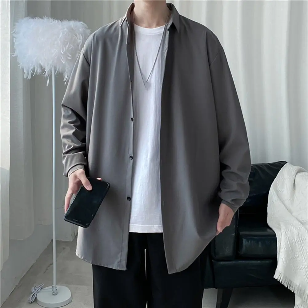 Harajuku Men Long Sleeve Shirt Tops Solid Color Shirt Versatile Solid Color Loose Fit Thin Single Breasted Shirt College Jackets