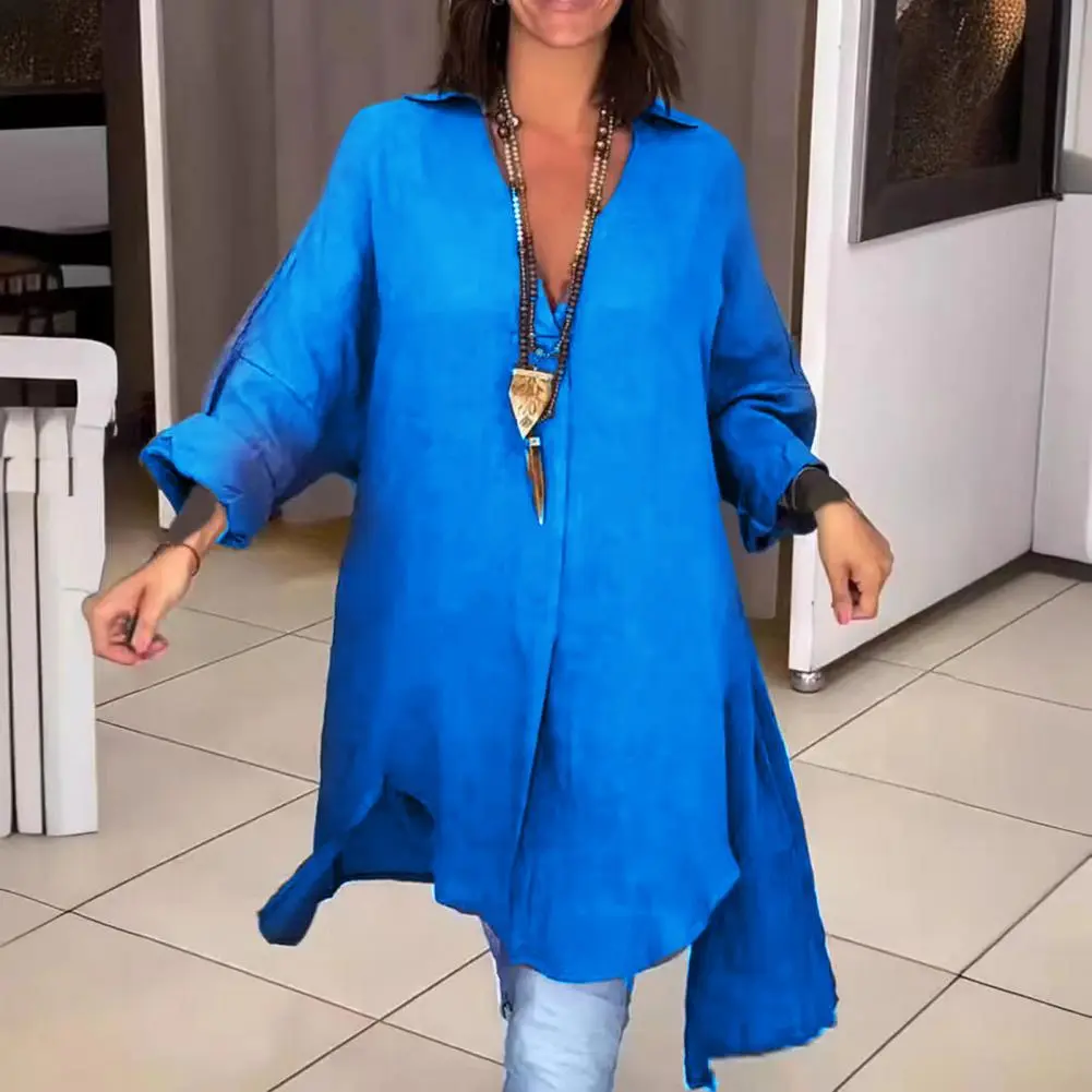 Women Shirt Summer Women's Casual Cotton And Linen Slit Loose Shirt V-Neck Long Sleeve Side Split Hem Button-down Shirt Top
