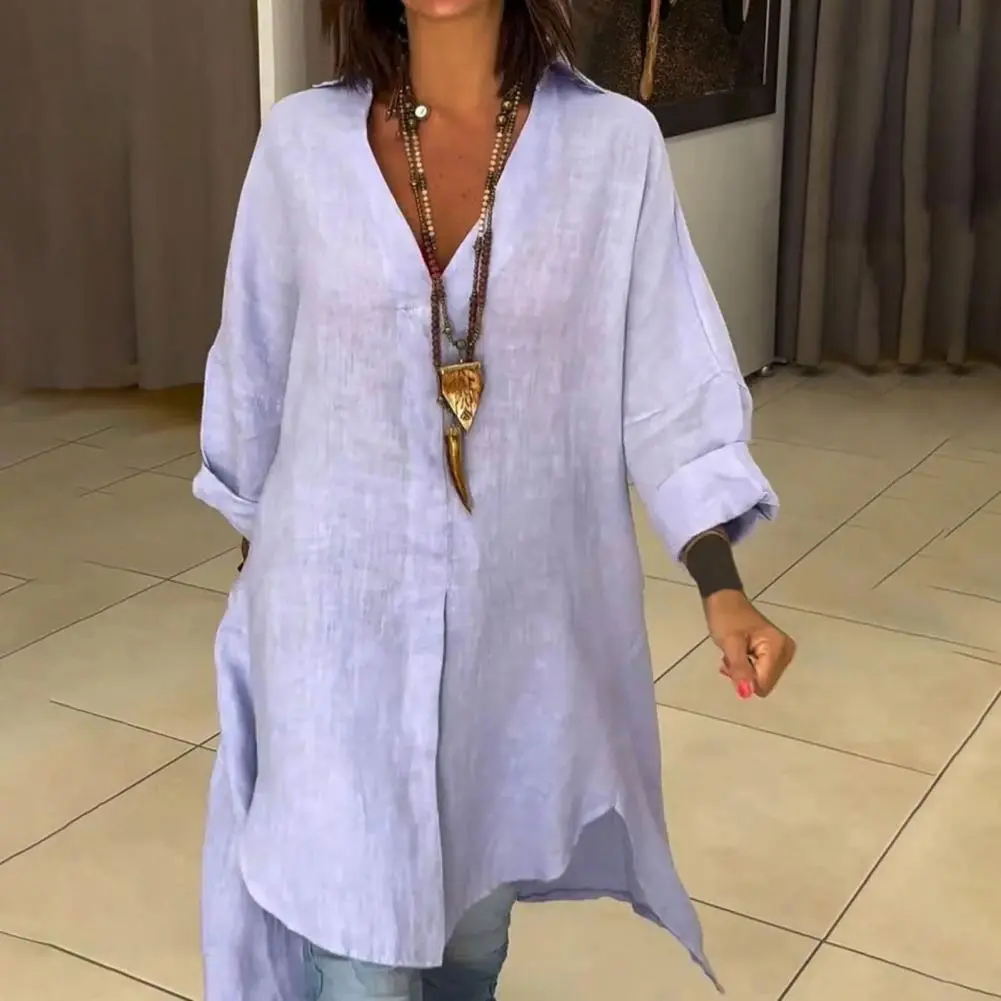 Women Shirt Summer Women's Casual Cotton And Linen Slit Loose Shirt V-Neck Long Sleeve Side Split Hem Button-down Shirt Top