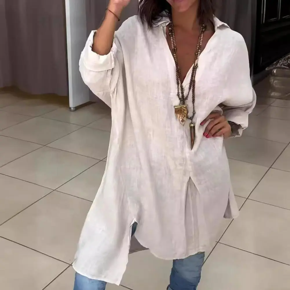 Women Shirt Summer Women's Casual Cotton And Linen Slit Loose Shirt V-Neck Long Sleeve Side Split Hem Button-down Shirt Top