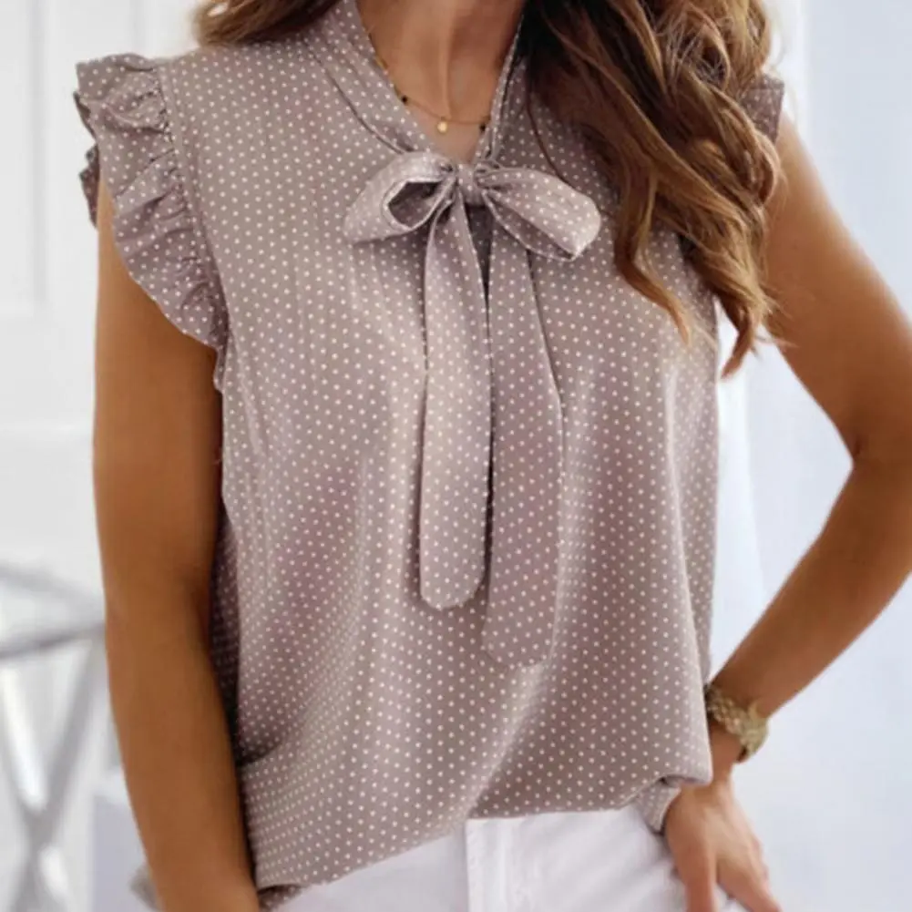 2025 Ruffle Bowknot Women Blouse Short Sleeve Polka Dot Women Ruffle Bowknot Shirt Summer Polka Dot Bow Pullover Fashion Blouse