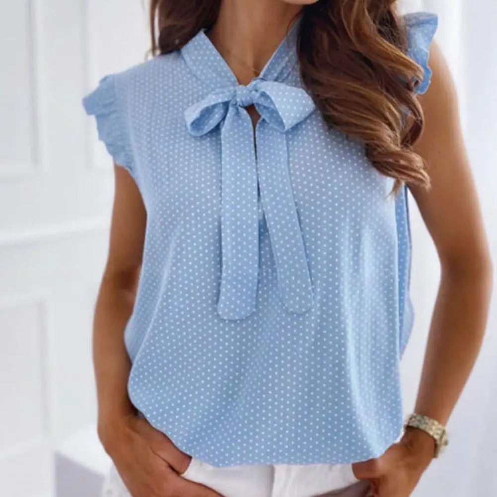 2025 Ruffle Bowknot Women Blouse Short Sleeve Polka Dot Women Ruffle Bowknot Shirt Summer Polka Dot Bow Pullover Fashion Blouse