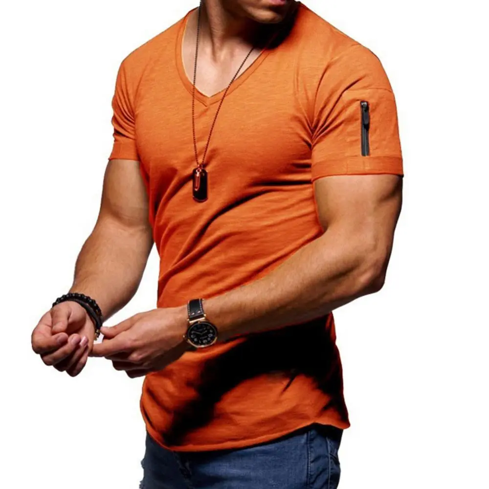 Large Size Men's V-neck Short Sleeved T-shirt Casual Solid Color Youth Cotton Pocket Zipper Bottom Top Short Sleeve T-shirt