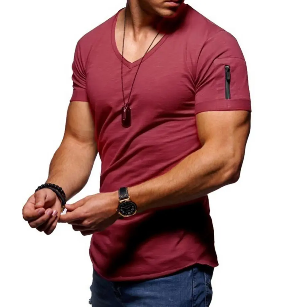 Large Size Men's V-neck Short Sleeved T-shirt Casual Solid Color Youth Cotton Pocket Zipper Bottom Top Short Sleeve T-shirt