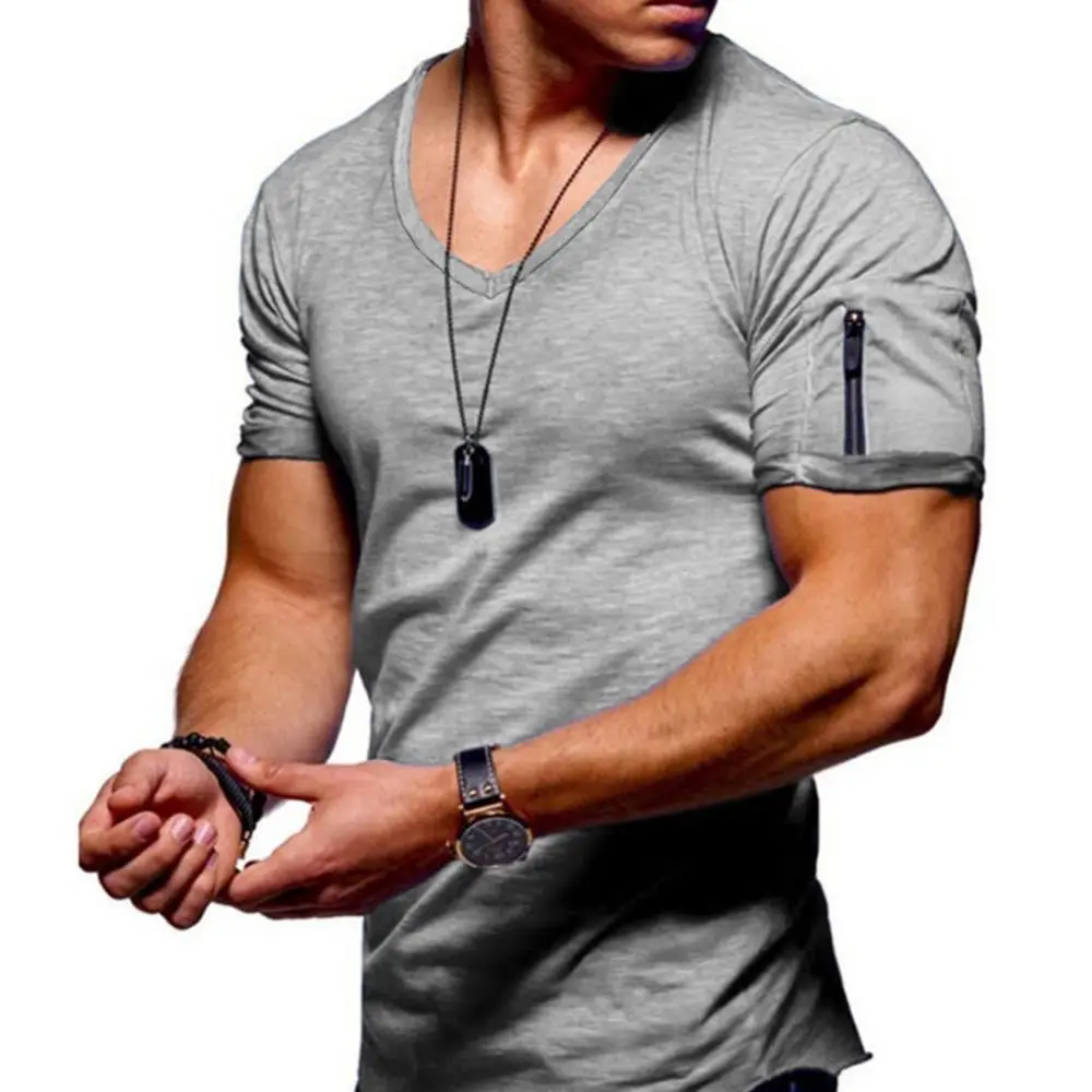 Large Size Men's V-neck Short Sleeved T-shirt Casual Solid Color Youth Cotton Pocket Zipper Bottom Top Short Sleeve T-shirt