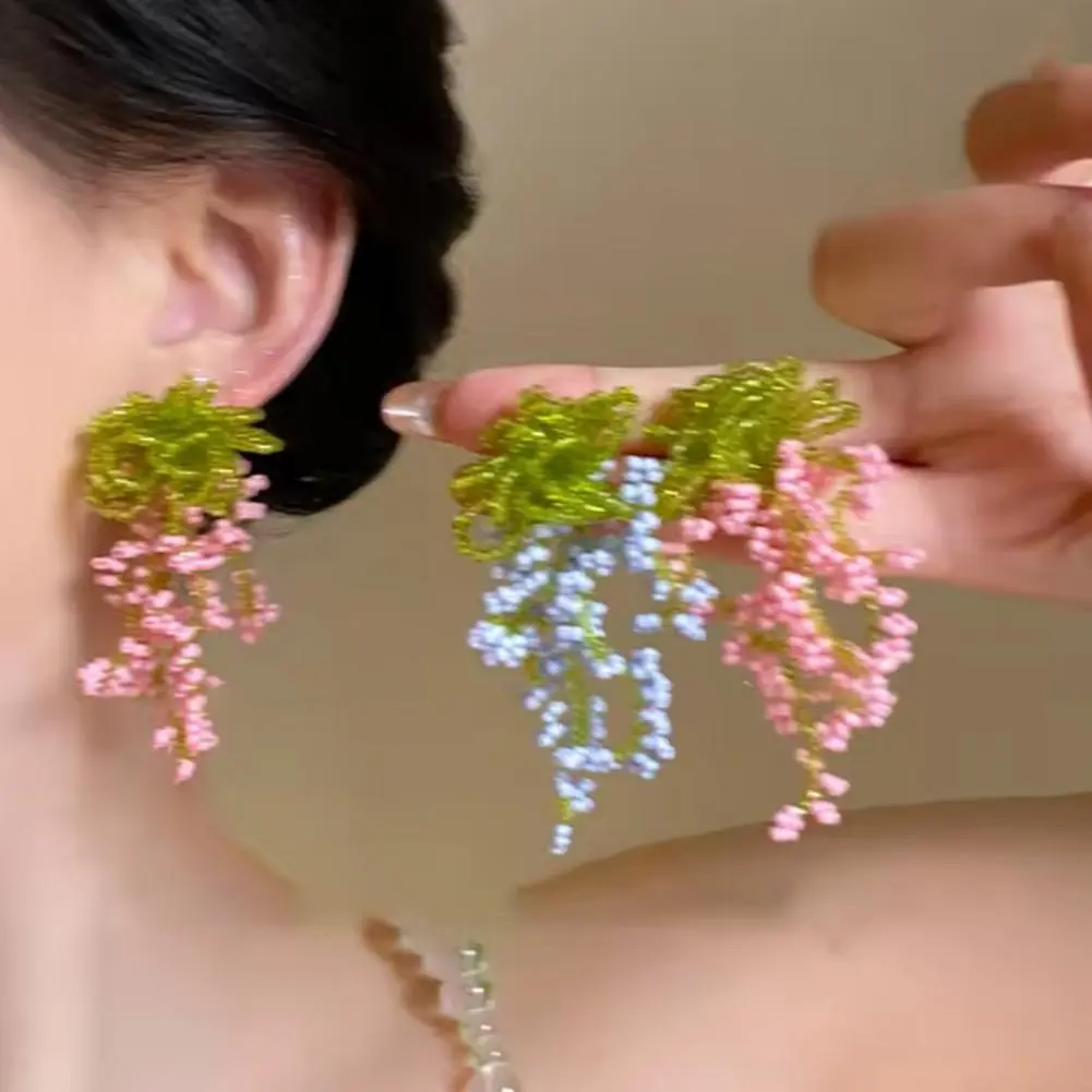 Festive Tassel Earrings Beaded Tassel Earrings Elegant Beaded Flower Tassel Earrings for Women Stylish Dangle with for Parties