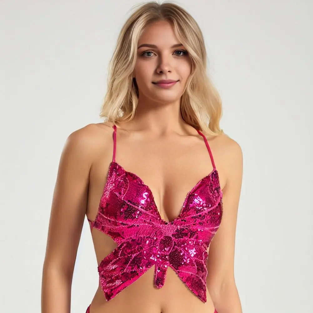 Y2k Butterfly Sequin Crop Top Halter Neck Shiny Sequin V Neck Sexy Camisole Butterfly Shape Bra Sling Crop Top Women Camisole