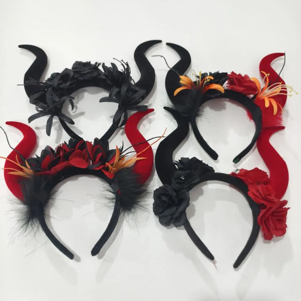 Halloween Headband Non-fading Headband Gothic Red Black Flower Rose Headband Horn Hair Hoop Women Halloween Party for Women's