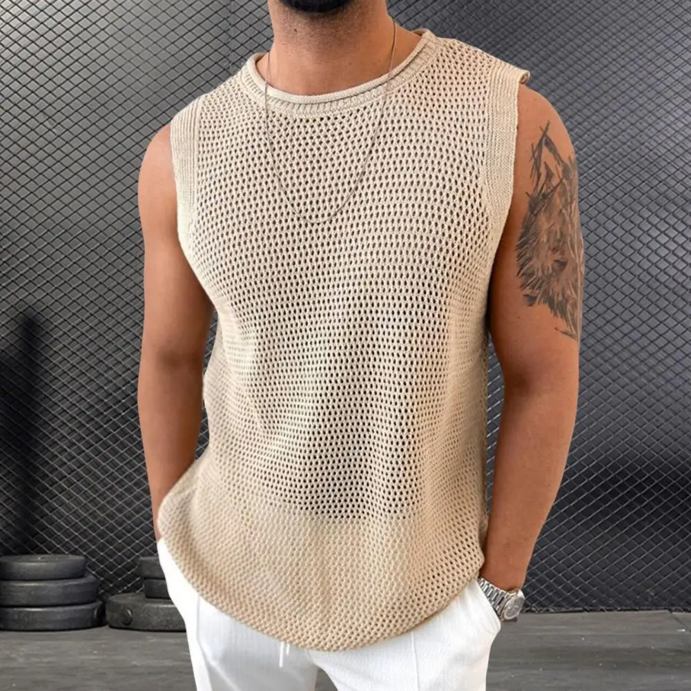 Translucent Sleeveless Men's Vest Top O Neck Sleeveless Hollow Pullover Vest  Solid Color Hollow Knitting Tops Fitness Men Vest