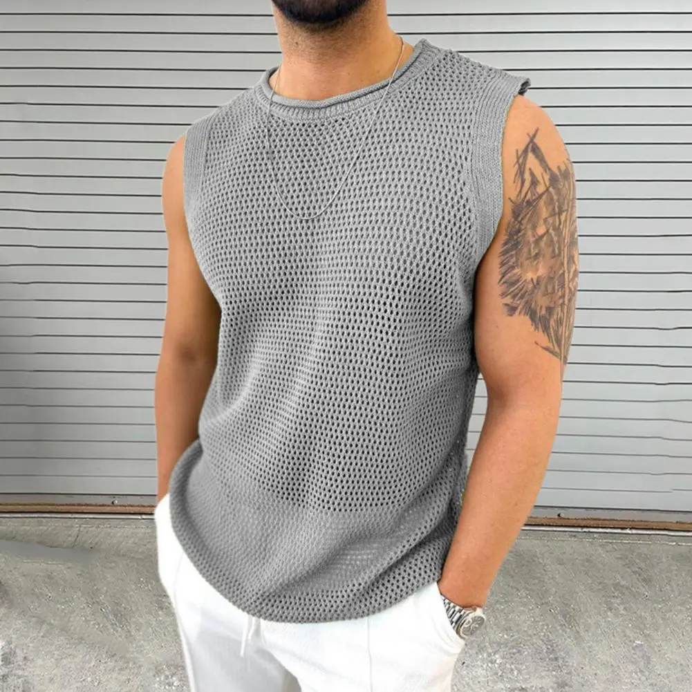 Translucent Sleeveless Men's Vest Top O Neck Sleeveless Hollow Pullover Vest  Solid Color Hollow Knitting Tops Fitness Men Vest