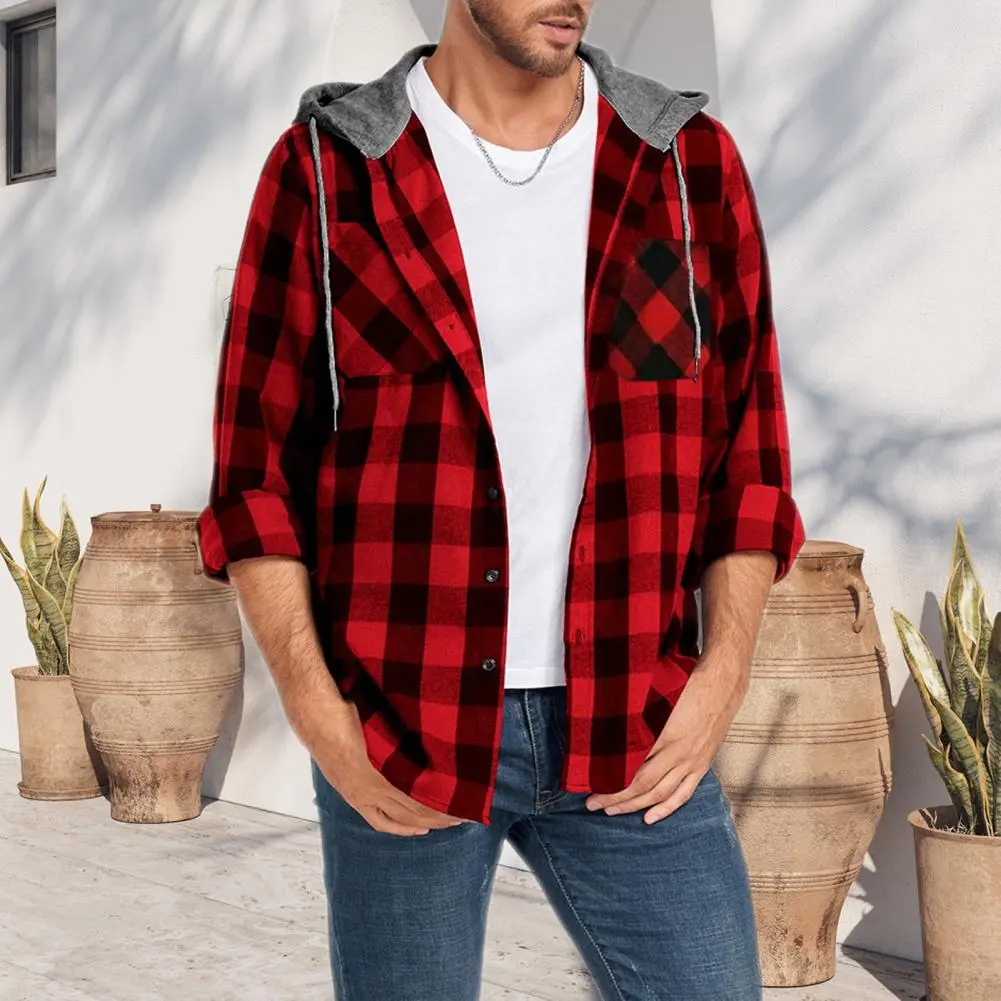 2025 Plaid Men Flannel Shirt Spring Men Shirt Hooded Drawstring Long Sleeves Color Matching Plaid Print Hooded Shirt Coat